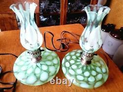 Rare Pair Fenton Coin Spot/dot Green Opalescent G-70 Series Pancake Lamps 1930's