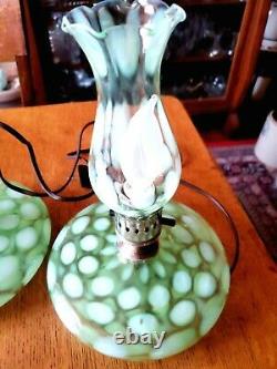 Rare Pair Fenton Coin Spot/dot Green Opalescent G-70 Series Pancake Lamps 1930's