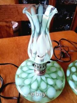 Rare Pair Fenton Coin Spot/dot Green Opalescent G-70 Series Pancake Lamps 1930's