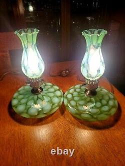 Rare Pair Fenton Coin Spot/dot Green Opalescent G-70 Series Pancake Lamps 1930's