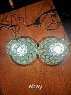 Rare Pair Fenton Coin Spot/dot Green Opalescent G-70 Series Pancake Lamps 1930's