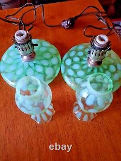 Rare Pair Fenton Coin Spot/dot Green Opalescent G-70 Series Pancake Lamps 1930's