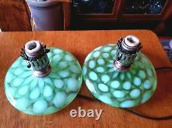 Rare Pair Fenton Coin Spot/dot Green Opalescent G-70 Series Pancake Lamps 1930's