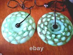 Rare Pair Fenton Coin Spot/dot Green Opalescent G-70 Series Pancake Lamps 1930's