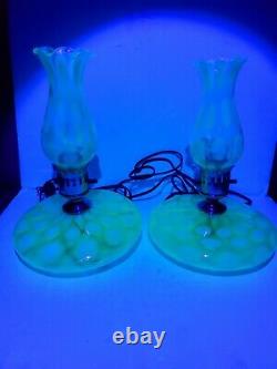 Rare Pair Fenton Coin Spot/dot Green Opalescent G-70 Series Pancake Lamps 1930's