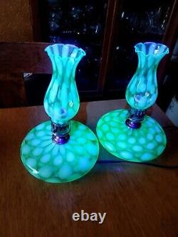 Rare Pair Fenton Coin Spot/dot Green Opalescent G-70 Series Pancake Lamps 1930's