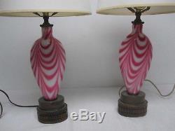 Rare Pair Fenton Dave Fetty Drag Loop Cranberry White Art Glass Table Lamps
