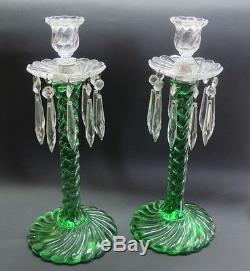 Rare Pair of Fostoria Queen Anne Emerald Green Swirl Candle Holders c. 1925