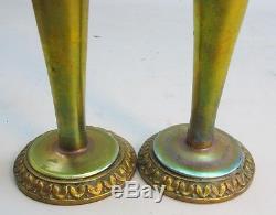 Rare Pair of Steuben Aurene Art Nouveau Glass Candlesticks c. 1910 antique