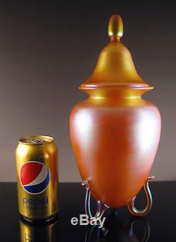 Rare Quezal Iridescent Art Glass Lidded & Footed Jar or Urn Circa. 1902-24 Signed