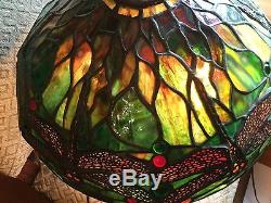 Rare Unsigned Tiffany Dragonfly Lamp 14 Shade & Bronze Mushroom Base Superb