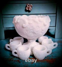 Rare VTG Rose Embossed Miniature Milk Glass Punch Bowl Set/6 Cups withHooks