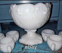 Rare VTG Rose Embossed Miniature Milk Glass Punch Bowl Set/6 Cups withHooks