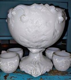 Rare VTG Rose Embossed Miniature Milk Glass Punch Bowl Set/6 Cups withHooks