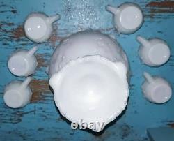 Rare VTG Rose Embossed Miniature Milk Glass Punch Bowl Set/6 Cups withHooks