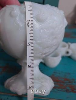 Rare VTG Rose Embossed Miniature Milk Glass Punch Bowl Set/6 Cups withHooks
