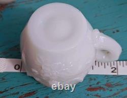 Rare VTG Rose Embossed Miniature Milk Glass Punch Bowl Set/6 Cups withHooks