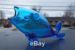 Rare Vintage Blenko Art Glass Fish Teal Blue 12 MID Century Hand Blown Vase