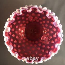 Rare Vintage Fenton 3 Footed Hobnail Crimped Pink Opalescent Rose Bowl