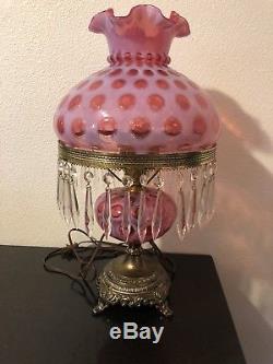 Rare Vintage Fenton Art Glass Cranberry Opalescent Coin Dot Lamp Prisms