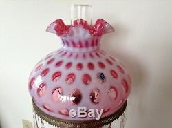 Rare Vintage Fenton Art Glass Cranberry Opalescent Coin Dot Lamp With Prisms
