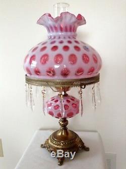 Rare Vintage Fenton Art Glass Cranberry Opalescent Coin Dot Lamp With Prisms