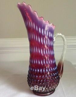 Rare Vintage Fenton Art Glass Cranberry Opalescent Optic Stretch Hobnail Pitcher