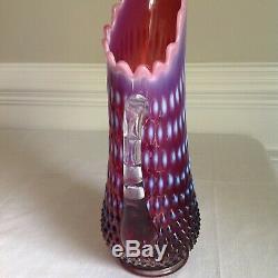 Rare Vintage Fenton Art Glass Cranberry Opalescent Optic Stretch Hobnail Pitcher