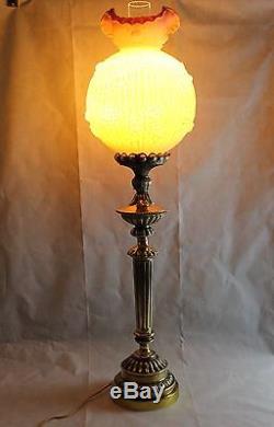Rare Vintage Fenton Burmese Cabbage Rose Brass Pillar Banquet Electric Lamp