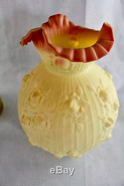 Rare Vintage Fenton Burmese Cabbage Rose Brass Pillar Banquet Electric Lamp