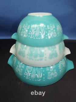 Rare Vintage PYREX Amish Butterprint Cinderella Nesting Mixing Bowls Set 3 Teal