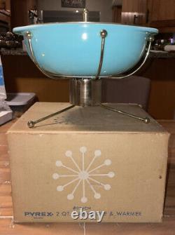 Rare Vintage Pyrex Turquoise Blue 2 QT CASSEROLE & WARMER UFO SPUTNIK WithBOX