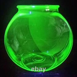 Rare Vintage Uranium Glass Green Vaseline Depression Fish Bowl 5 3/8 Tall HTF