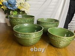 Real Home Stoneware Nesting Mixing Bowl Set Retired Green (4) Bowl Set EUC