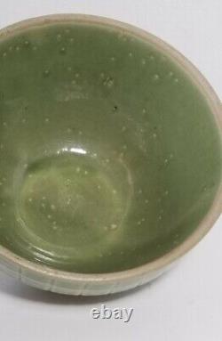 Round Mixing bowl Olive Green Yellowware 7.25 Diameter Checker Flower Print
