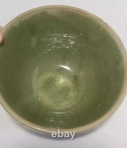 Round Mixing bowl Olive Green Yellowware 7.25 Diameter Checker Flower Print