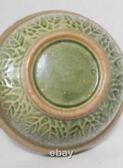 Round Mixing bowl Olive Green Yellowware 7.25 Diameter Checker Flower Print