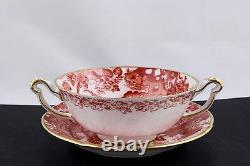 Royal Crown Derby Red Aves Footed Cream Soup Bowl & Saucer Set #1 Mint