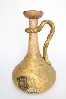 Royal Flemish Ewer Mt. Washington Glass ca. 1894 Rope Handle with Coat of Arms