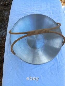 Russel Wright Vintage Modern Spun Aluminum Pretzel Bowl with Wood and Rattan