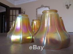Set 7 Antique Steuben Art Glass Lamp Shades Aurene Iridescent Gold Pink Ribbed