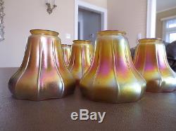 Set 7 Antique Steuben Art Glass Lamp Shades Aurene Iridescent Gold Pink Ribbed