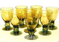 Set(8)antique Signed Steuben Threaded Topazapplied Blue Art Glass Water Goblets