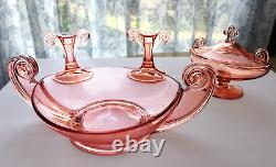 SET Fostoria PINK Grecian Scroll, Console Bowl, 2 candleholders, Candy Bowl/Lid