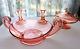 SET Fostoria PINK Grecian Scroll, Console Bowl, 2 candleholders, Candy Bowl/Lid