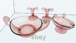 SET Fostoria PINK Grecian Scroll, Console Bowl, 2 candleholders, Candy Bowl/Lid