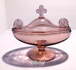 SET Fostoria PINK Grecian Scroll, Console Bowl, 2 candleholders, Candy Bowl/Lid