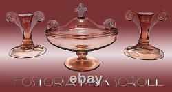 SET Fostoria PINK Grecian Scroll, Console Bowl, 2 candleholders, Candy Bowl/Lid
