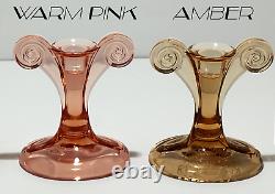SET Fostoria PINK Grecian Scroll, Console Bowl, 2 candleholders, Candy Bowl/Lid