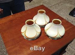 Set Of 3 Steuben Art Glass Shades Gold & Green Pulled Feather